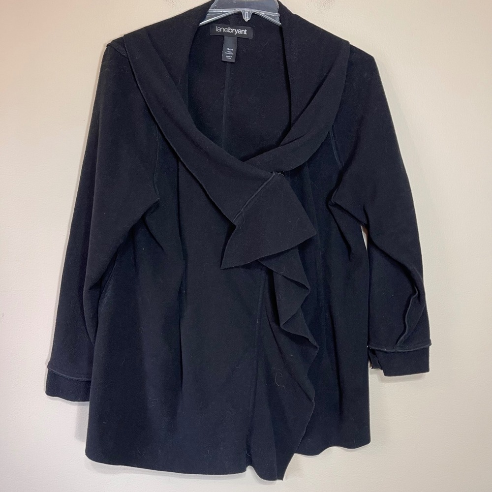 Lane Bryant Black Fleece Draped Ruffle Open Front Cardigan Jacket Womens 18/20